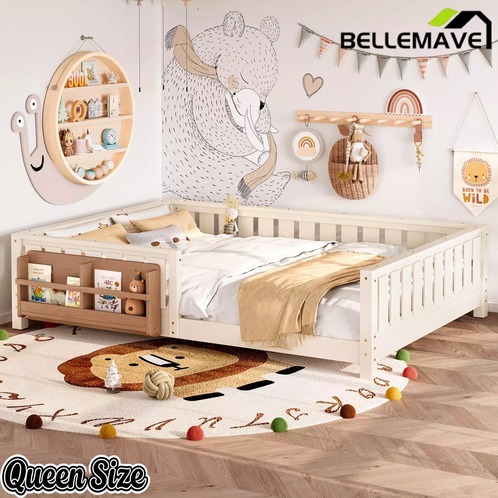 Bellemave® Kids Montessori Floor Bed with Safety Guardrails, Built-in Bookcase & Wooden Slats — Twin, Full, Queen Sizes Bellemave®