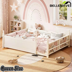 Bellemave® Floor Bed with Bookshelf & Safety Guardrails for Kids, Wooden Montessori Bed Frame with Childlike Design for Girls Boys Bellemave®