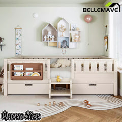 Bellemave® Montessori Bed with Stairs, Rails & Slats, Montessori Floor Bed with Bookshelf & 2 Storage Drawers for Girls & Boys Bellemave®