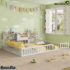 Bellemave® Floor Bed Frame with Bookcase and 3-Tier Storage Shelves, Montessori Style Kids Bed with Safety Fence
