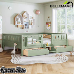 Bellemave® Montessori Bed with Stairs, Rails & Slats, Montessori Floor Bed with Bookshelf & 2 Storage Drawers for Girls & Boys Bellemave®