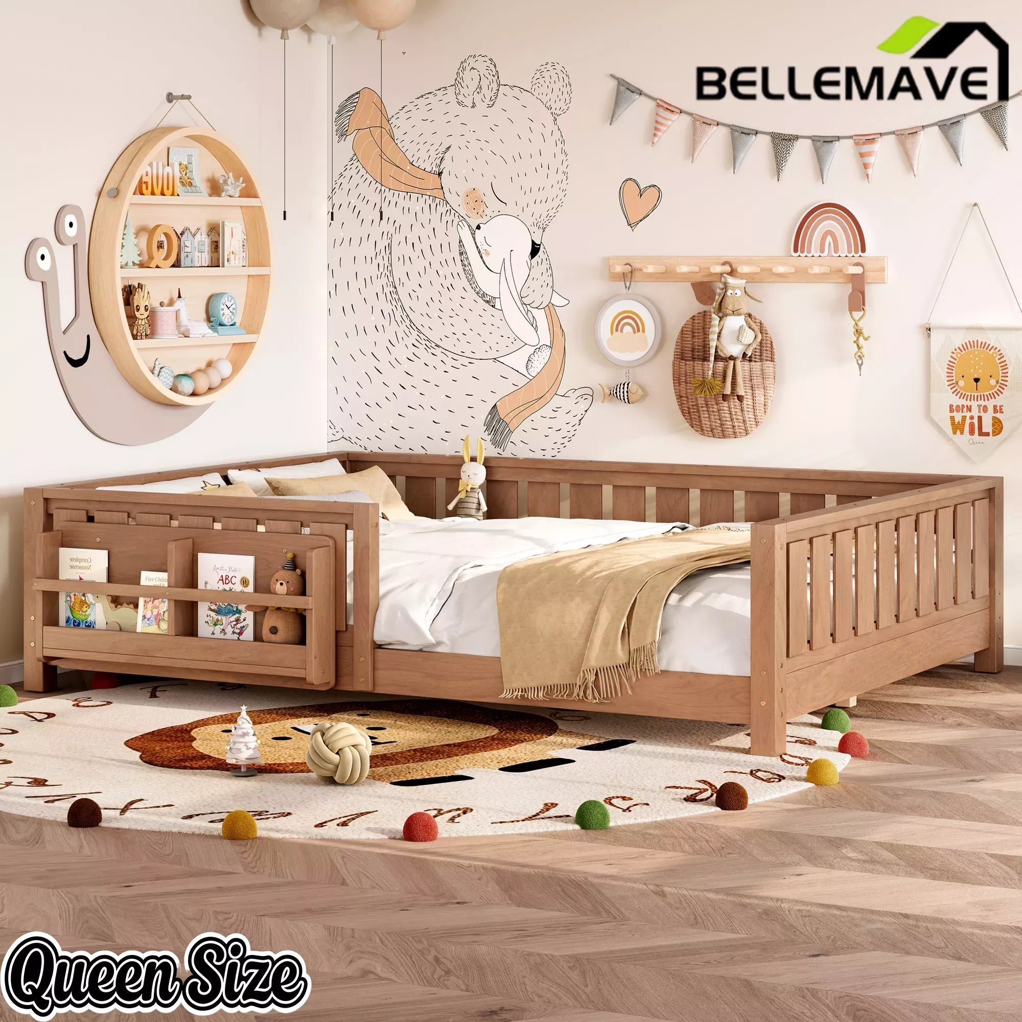 Bellemave® Kids Montessori Floor Bed with Safety Guardrails, Built-in Bookcase & Wooden Slats — Twin, Full, Queen Sizes Bellemave®