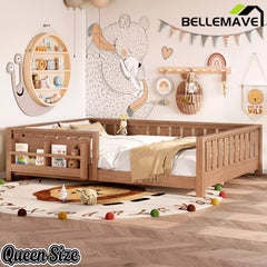 Bellemave® Kids Montessori Floor Bed with Safety Guardrails, Built-in Bookcase & Wooden Slats — Twin, Full, Queen Sizes Bellemave®
