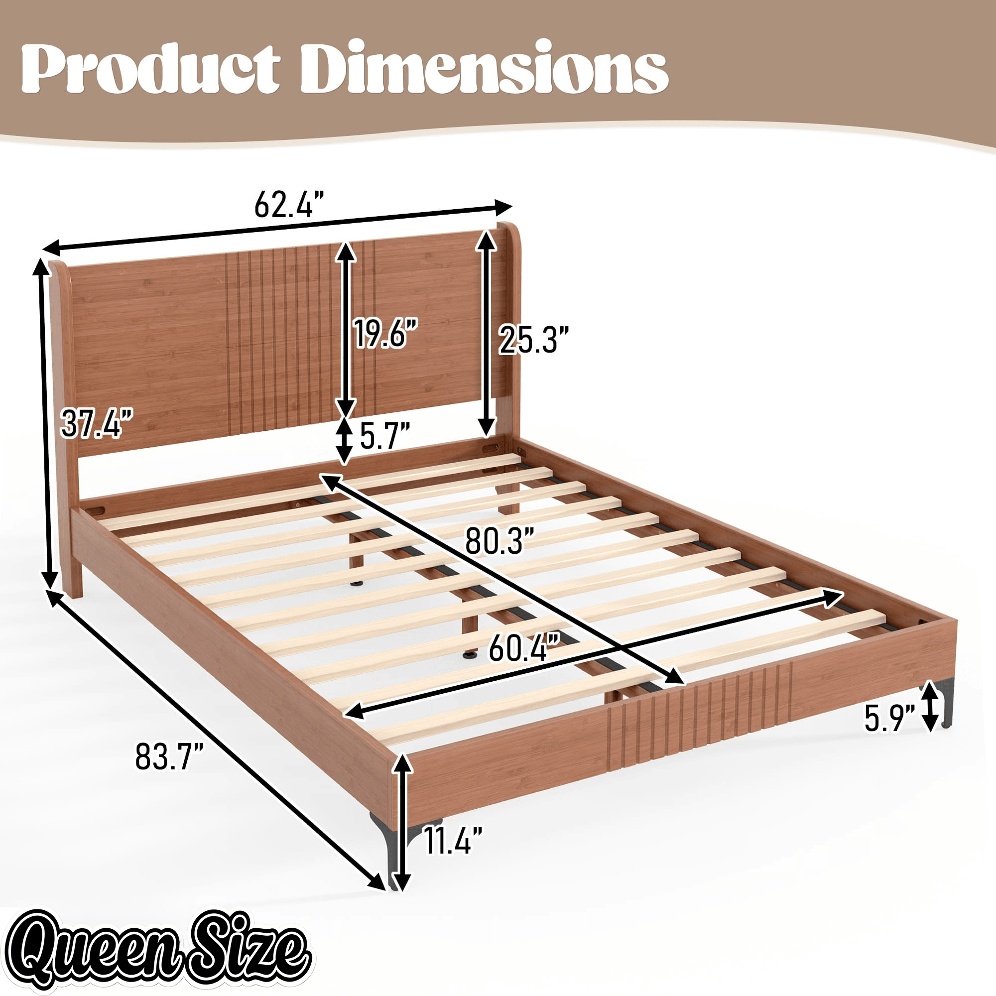 Bellemave® Solid Bamboo Platform Bed, Mid-Century Modern Bed Frame with Headboard, Round Corner Design Bellemave®