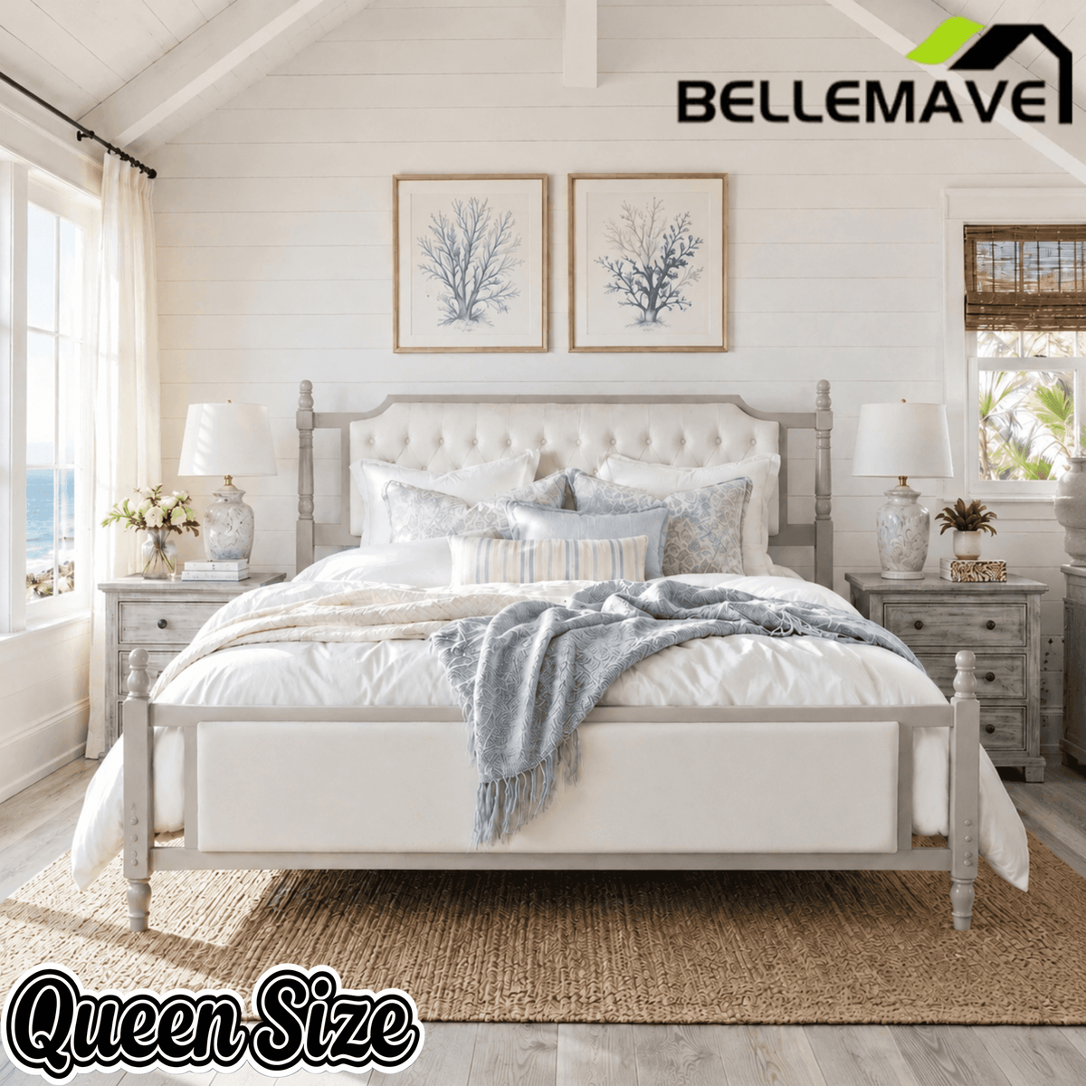 Bellemave® Upholstered Platform Bed with Button Tufted Headboard,Solid Wood Farmhouse Bed with Velvet Headboard and Footboard Bellemave®
