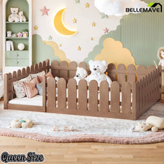 Bellemave® Solid Wood Montessori Floor Bed with Fence Guardrails, Low Profile Kids Floor Bed Frame