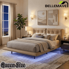 Bellemave® Upholstered Floating Bed with LED Light, Queen Size Wood Platform Bed Frame with Headboard Bellemave®