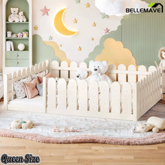 Bellemave® Solid Wood Montessori Floor Bed with Fence Guardrails, Low Profile Kids Floor Bed Frame