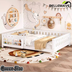 Bellemave® Kids Montessori Floor Bed with Safety Guardrails, Built-in Bookcase & Wooden Slats — Twin, Full, Queen Sizes Bellemave®