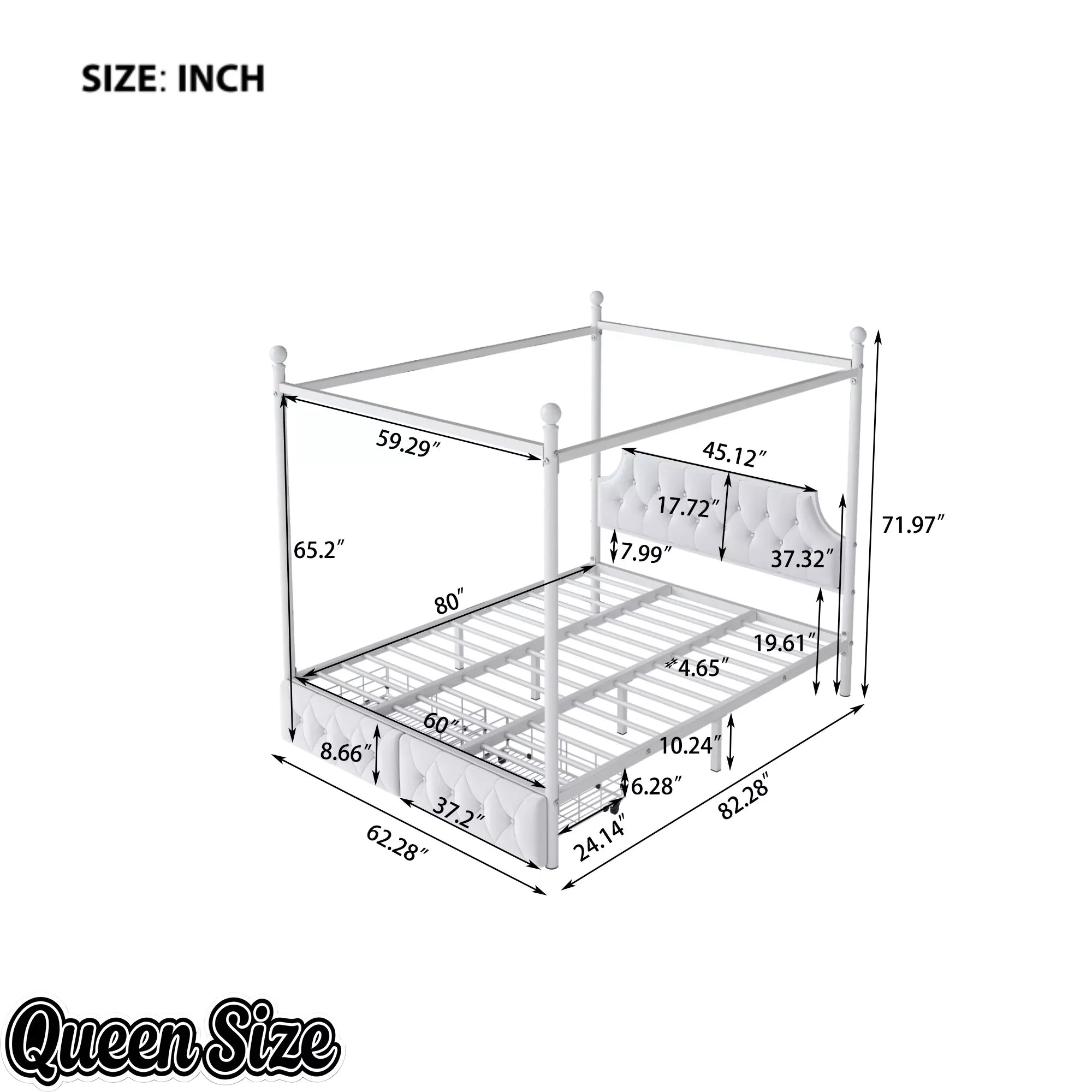 Bellemave® Queen Upholstered Canopy Bed Frame with 2 Drawers, Headboard & Storage, Four-Poster Metal Platform Bed Frame, White Bellemave®