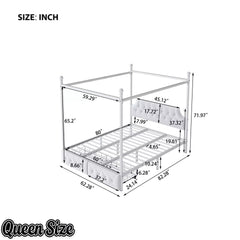 Bellemave® Queen Upholstered Canopy Bed Frame with 2 Drawers, Headboard & Storage, Four-Poster Metal Platform Bed Frame, White Bellemave®
