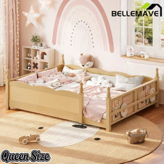 Bellemave® Floor Bed with Bookshelf & Safety Guardrails for Kids, Wooden Montessori Bed Frame with Childlike Design for Girls Boys Bellemave®