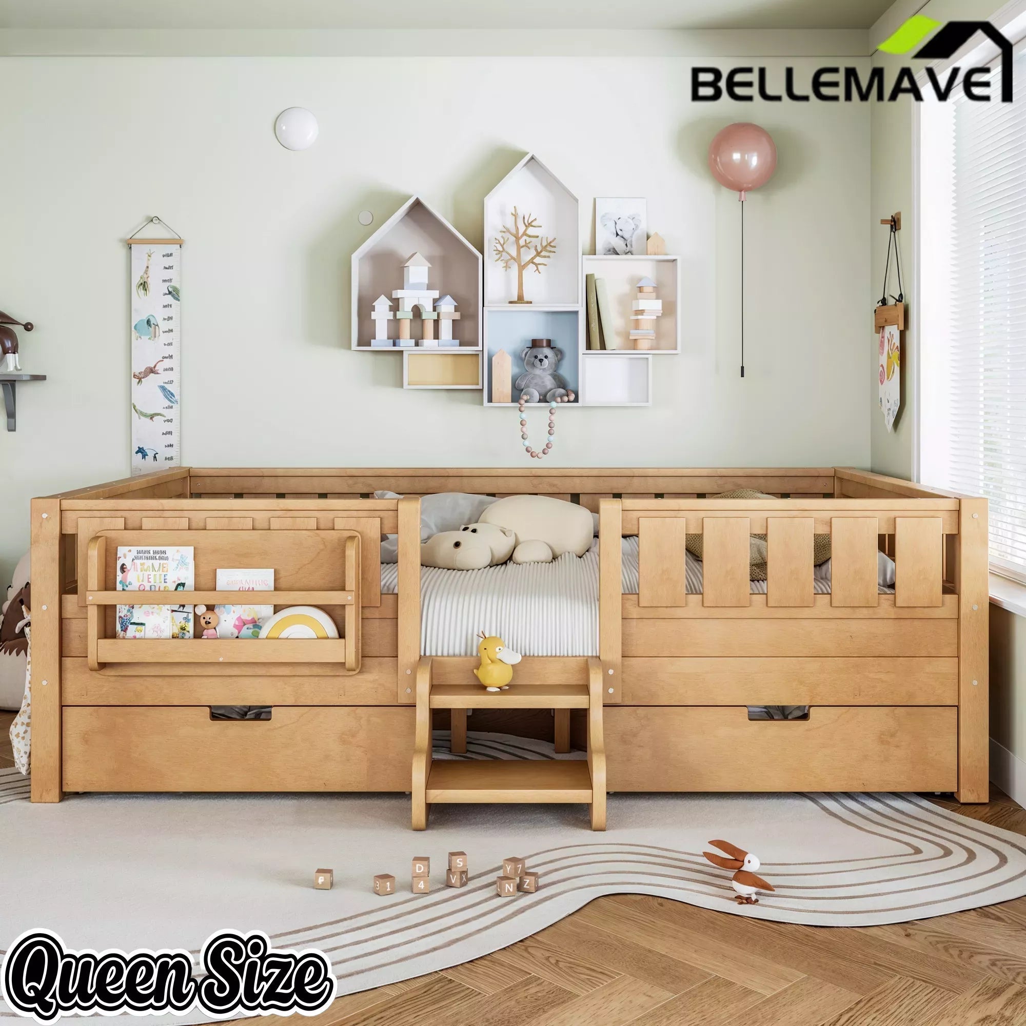 Bellemave® Montessori Bed with Stairs, Rails & Slats, Montessori Floor Bed with Bookshelf & 2 Storage Drawers for Girls & Boys Bellemave®