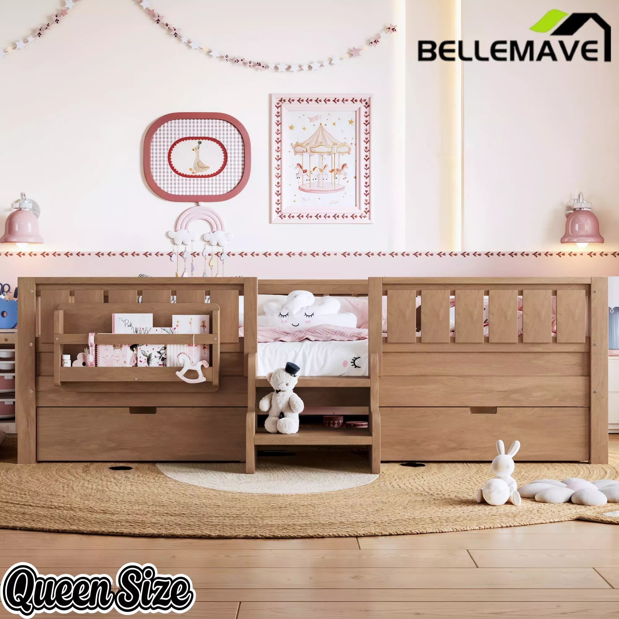 Bellemave® Kids Twin Size Montessori Bed Frame with Built-in Storage Shelves and Drawers, Floor Bed with Staircase and Full-Length High Rails,for Boys, Girls, Wood,Easy Assemble Bellemave®