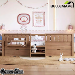 Bellemave® Kids Twin Size Montessori Bed Frame with Built-in Storage Shelves and Drawers, Floor Bed with Staircase and Full-Length High Rails,for Boys, Girls, Wood,Easy Assemble Bellemave®