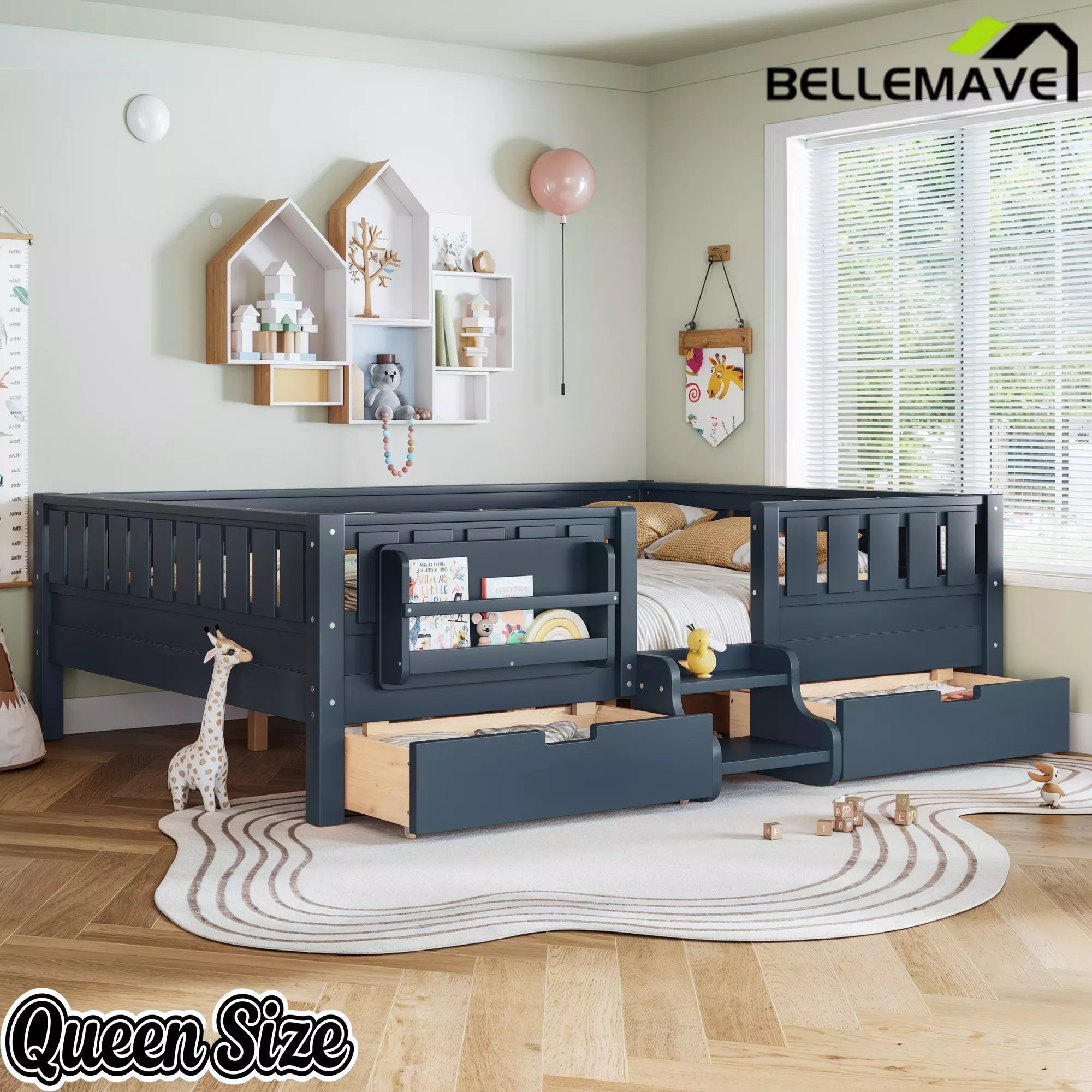 Bellemave® Montessori Bed with Stairs, Rails & Slats, Montessori Floor Bed with Bookshelf & 2 Storage Drawers for Girls & Boys Bellemave®