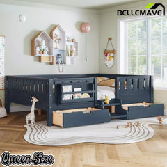 Bellemave® Montessori Bed with Stairs, Rails & Slats, Montessori Floor Bed with Bookshelf & 2 Storage Drawers for Girls & Boys Bellemave®