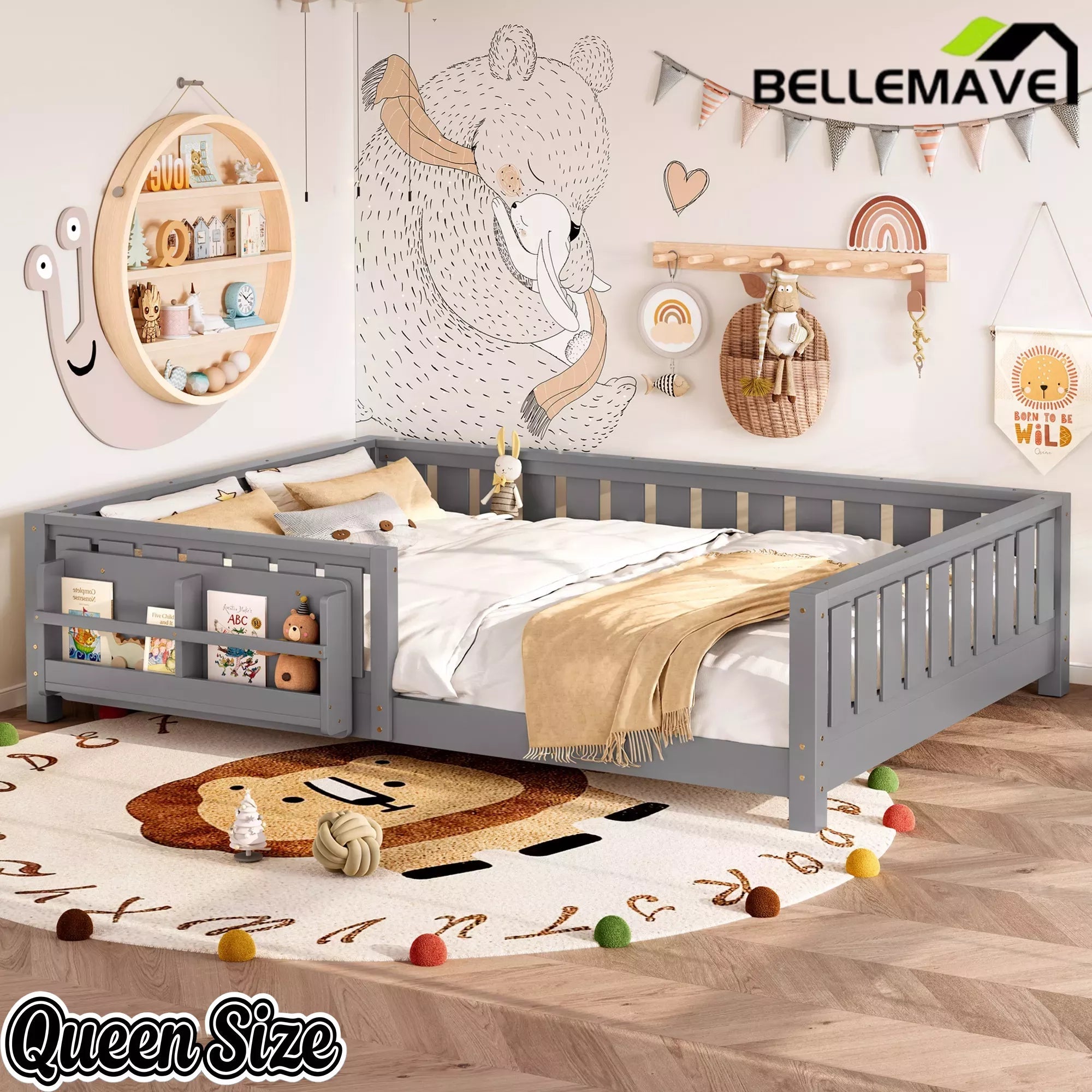 Bellemave® Kids Montessori Floor Bed with Safety Guardrails, Built-in Bookcase & Wooden Slats — Twin, Full, Queen Sizes Bellemave®