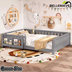 Bellemave® Kids Montessori Floor Bed with Safety Guardrails, Built-in Bookcase & Wooden Slats — Twin, Full, Queen Sizes Bellemave®