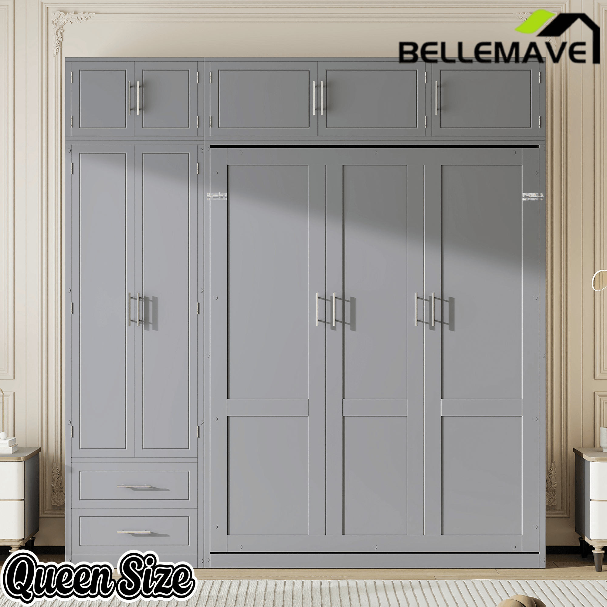 Bellemave® Queen Size Murphy Bed with Top Cabinet & Shelves,Space-Saving Multifunctional Hideaway Wall Foldable Bed,Bedroom Folding Bedframe for Guest Room Bellemave®