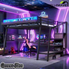Bellemave® Metal Loft Bed with Storage Stairs, USB Ports, LED Lights, Pegboard & Built-in Wardrobe, Noise-Reduced Design, Black Bellemave®