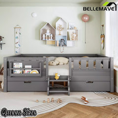 Bellemave® Montessori Bed with Stairs, Rails & Slats, Montessori Floor Bed with Bookshelf & 2 Storage Drawers for Girls & Boys Bellemave®