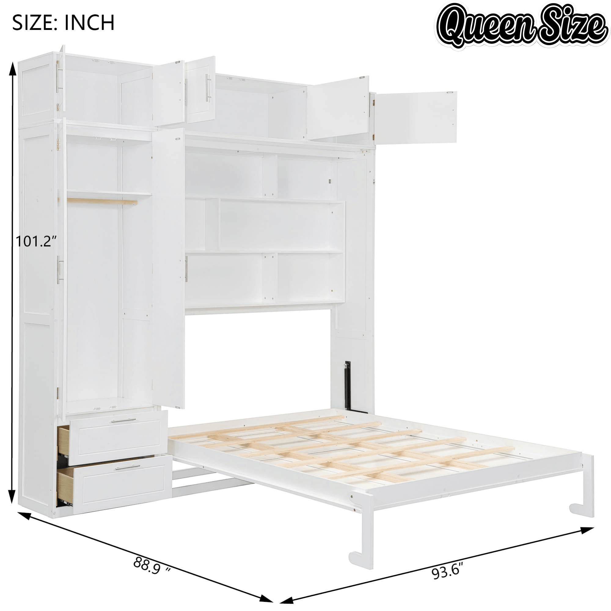Bellemave® Queen Size Murphy Bed with Top Cabinet & Shelves,Space-Saving Multifunctional Hideaway Wall Foldable Bed,Bedroom Folding Bedframe for Guest Room Bellemave®
