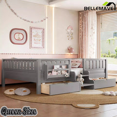 Bellemave® Kids Twin Size Montessori Bed Frame with Built-in Storage Shelves and Drawers, Floor Bed with Staircase and Full-Length High Rails,for Boys, Girls, Wood,Easy Assemble Bellemave®