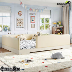Bellemave® Upholstered Montessori Floor Bed with Removable Guardrails, Faux Leather Low Profile Platform Bed
