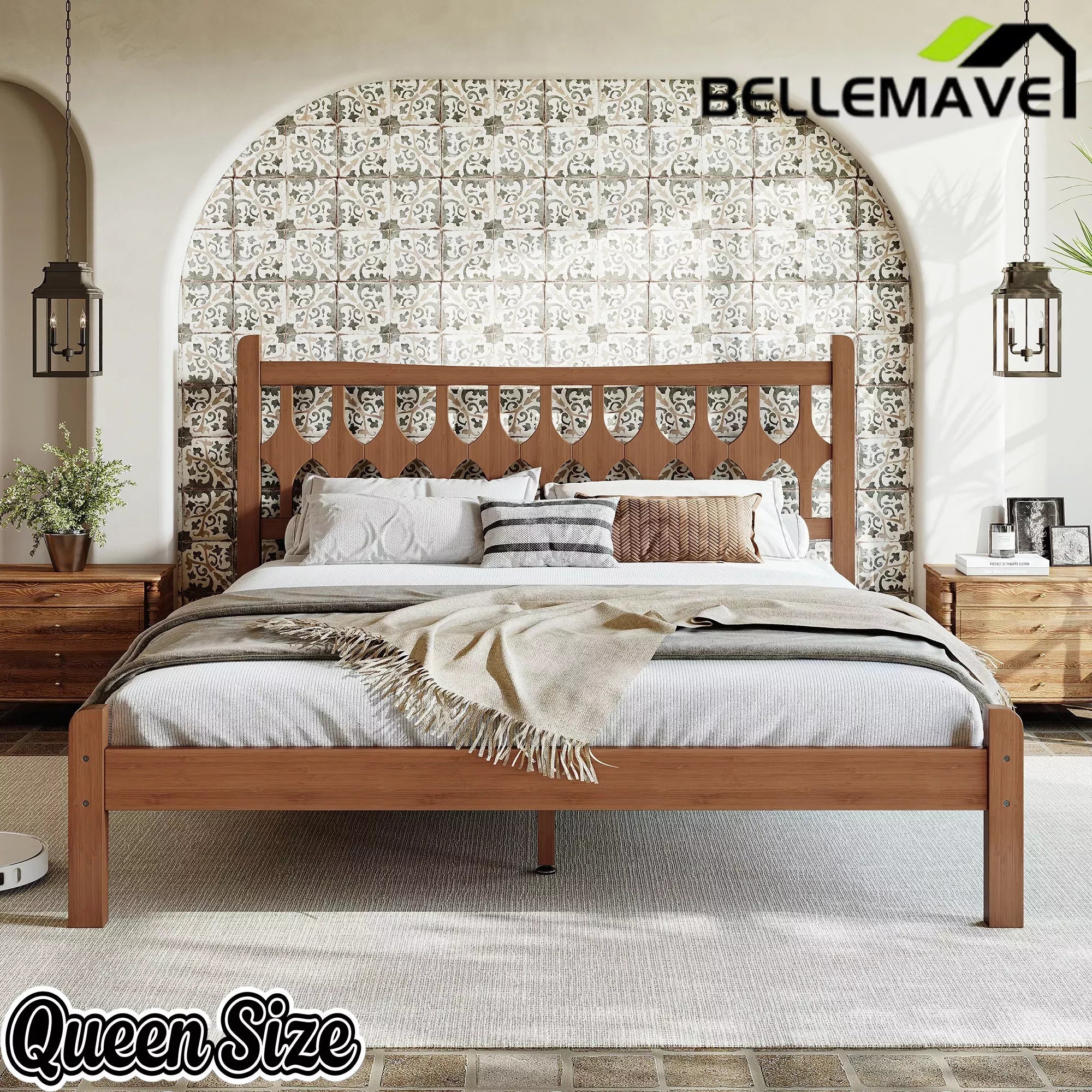 Bellemave® Bamboo Platform Bed with Diamond-shaped headboard, Solid Bamboo-made Bed Frame with Support Slats, for Bedroom, Guest Rooms, Brown Bellemave®