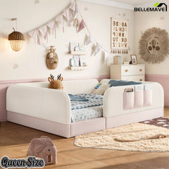 Bellemave® Kids Upholstered Floor Bed with Full Surround Safety Rails, Montessori Low Profile Bed with Teddy Fleece Frame & Side Storage Pocket