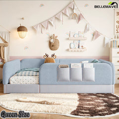 Bellemave® Kids Upholstered Floor Bed with Full Surround Safety Rails, Montessori Low Profile Bed with Teddy Fleece Frame & Side Storage Pocket