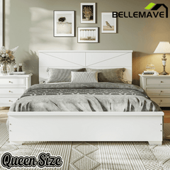 Bellemave® Platform Bed with Chic Design Headboard, Modern Full Bed Frame with Wood Slats Support, Low Profile Design, White