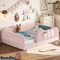 Bellemave® Kids Upholstered Floor Bed with Full Surround Safety Rails, Montessori Low Profile Bed with Teddy Fleece Frame & Side Storage Pocket