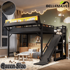 Bellemave® Loft Bed with Ladder, Storage Shelves & Slide,Wardrobe & Pegboard, Metal Loft Bed Frame with USB Ports & LED Lights Bellemave®