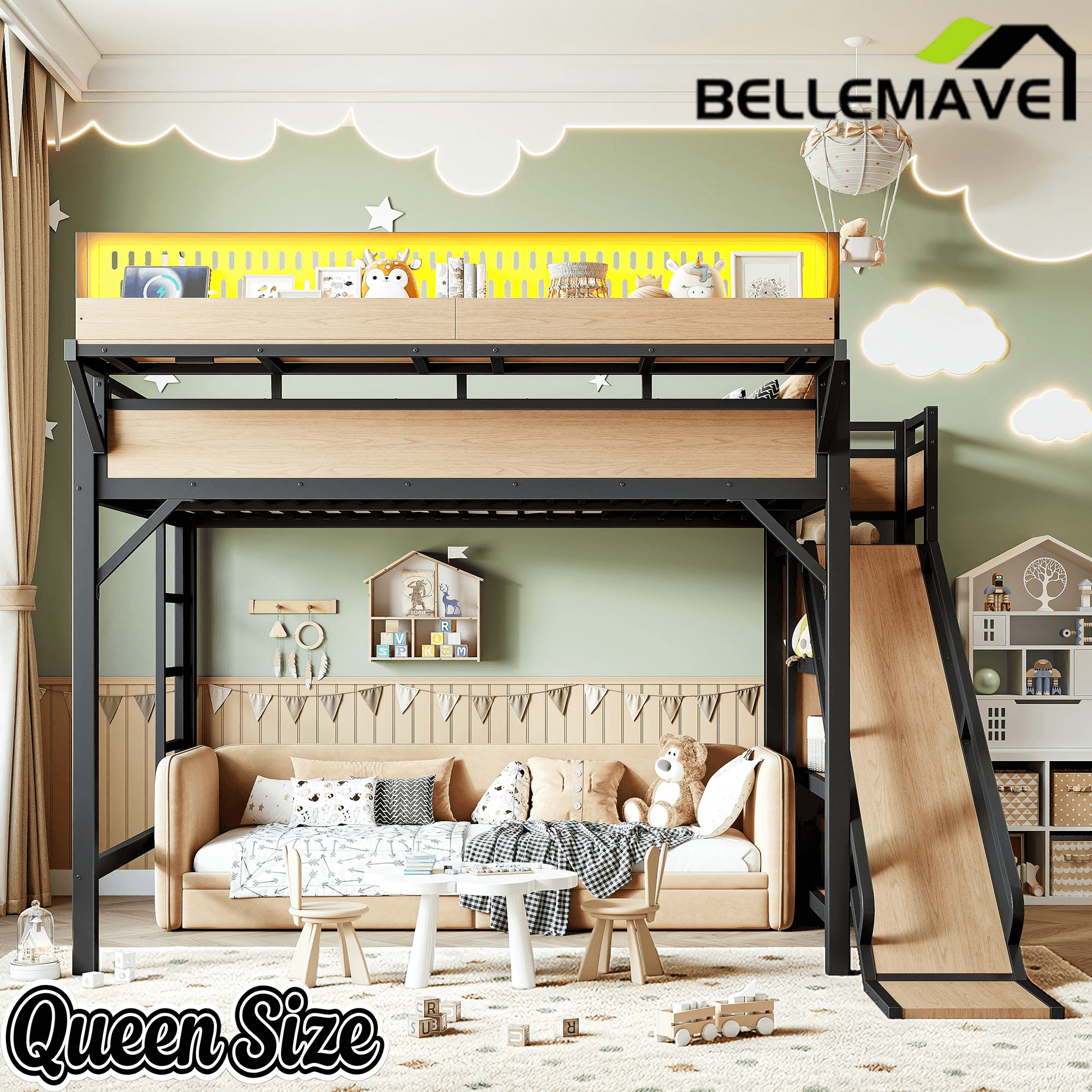 Bellemave® Loft Bed with Ladder, Storage Shelves & Slide,Wardrobe & Pegboard, Metal Loft Bed Frame with USB Ports & LED Lights Bellemave®