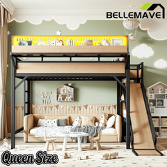 Bellemave® Loft Bed with Ladder, Storage Shelves & Slide,Wardrobe & Pegboard, Metal Loft Bed Frame with USB Ports & LED Lights Bellemave®