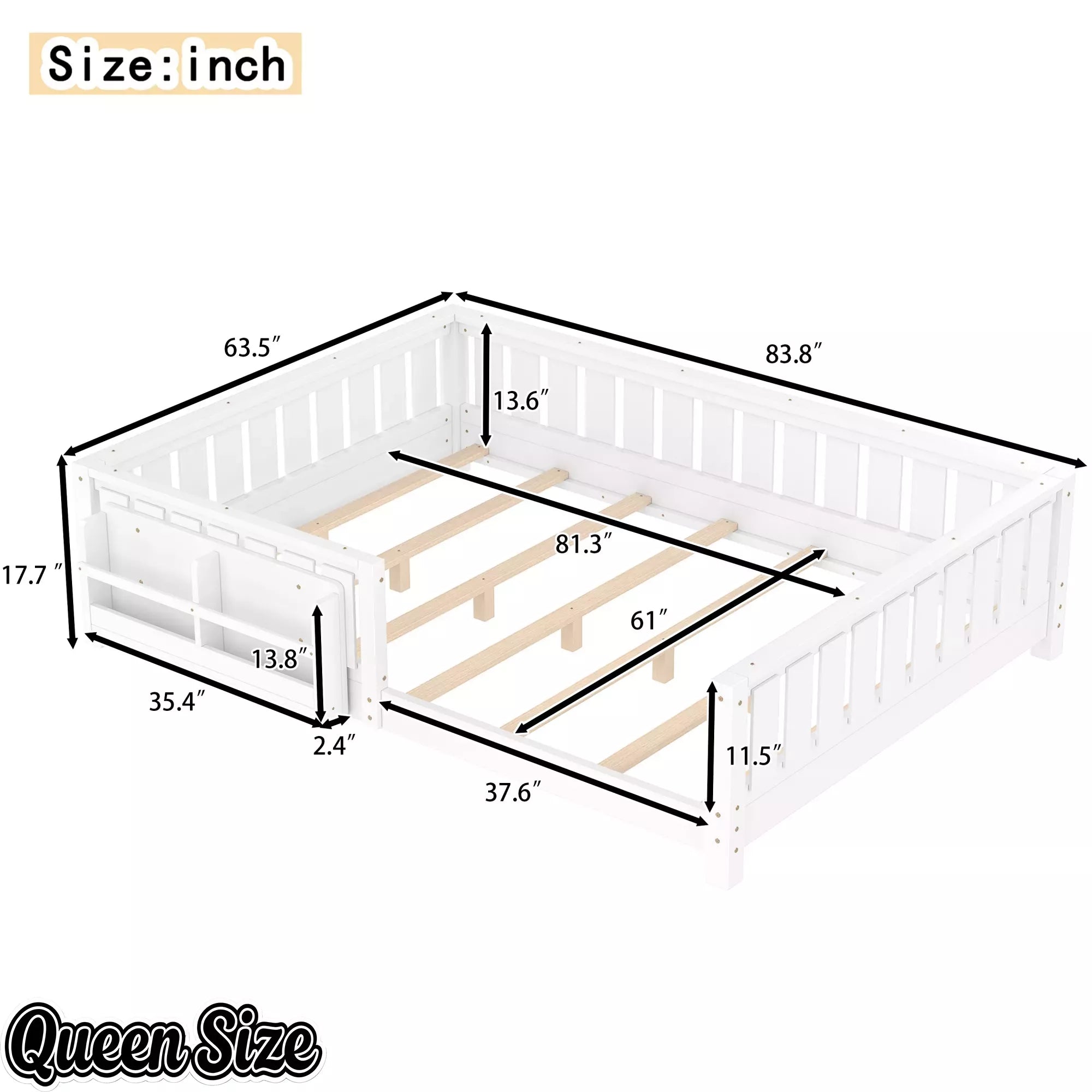 Bellemave® Kids Montessori Floor Bed with Safety Guardrails, Built-in Bookcase & Wooden Slats — Twin, Full, Queen Sizes Bellemave®