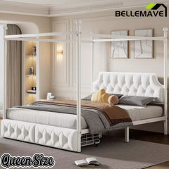 Bellemave® Queen Upholstered Canopy Bed Frame with 2 Drawers, Headboard & Storage, Four-Poster Metal Platform Bed Frame, White Bellemave®