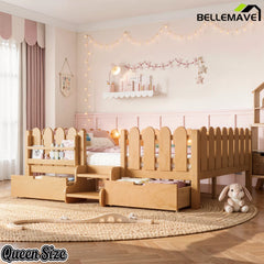 Bellemave® Kids Platform Bed with Guardrail, Bookshelf, Stairs & LED Lights