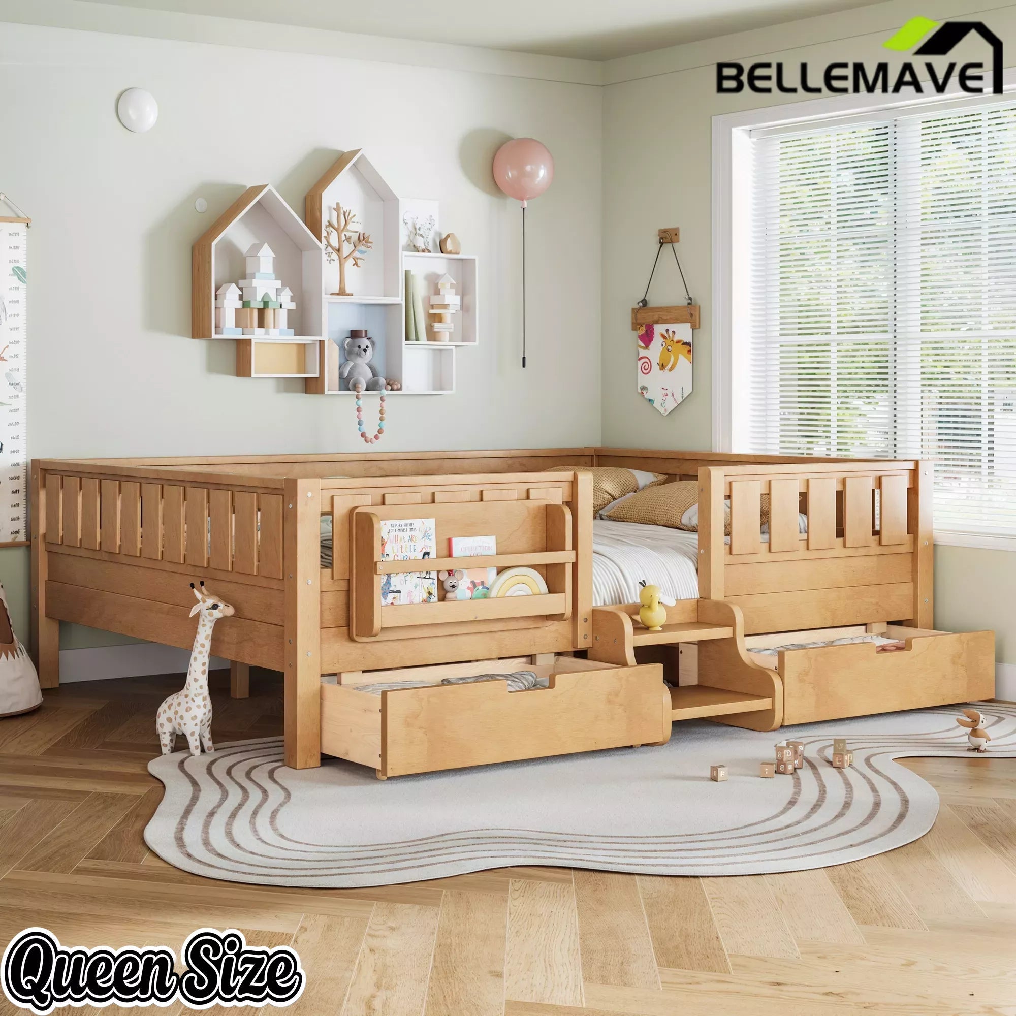 Bellemave® Montessori Bed with Stairs, Rails & Slats, Montessori Floor Bed with Bookshelf & 2 Storage Drawers for Girls & Boys Bellemave®