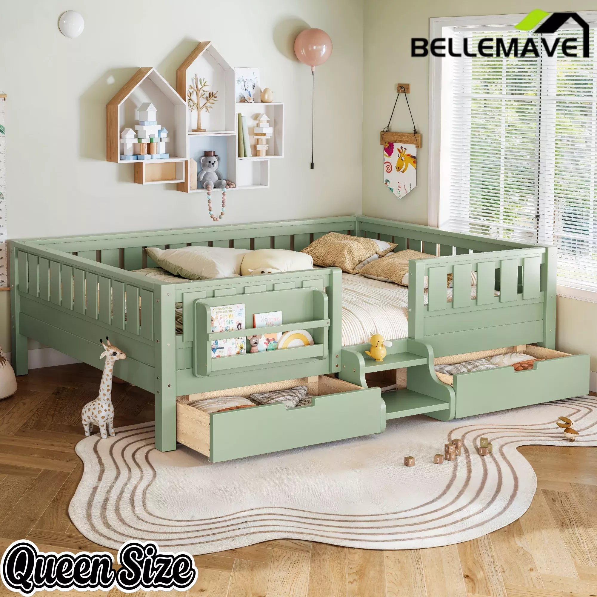 Bellemave® Montessori Bed with Stairs, Rails & Slats, Montessori Floor Bed with Bookshelf & 2 Storage Drawers for Girls & Boys Bellemave®