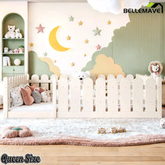 Bellemave® Solid Wood Montessori Floor Bed with Fence Guardrails, Low Profile Kids Floor Bed Frame