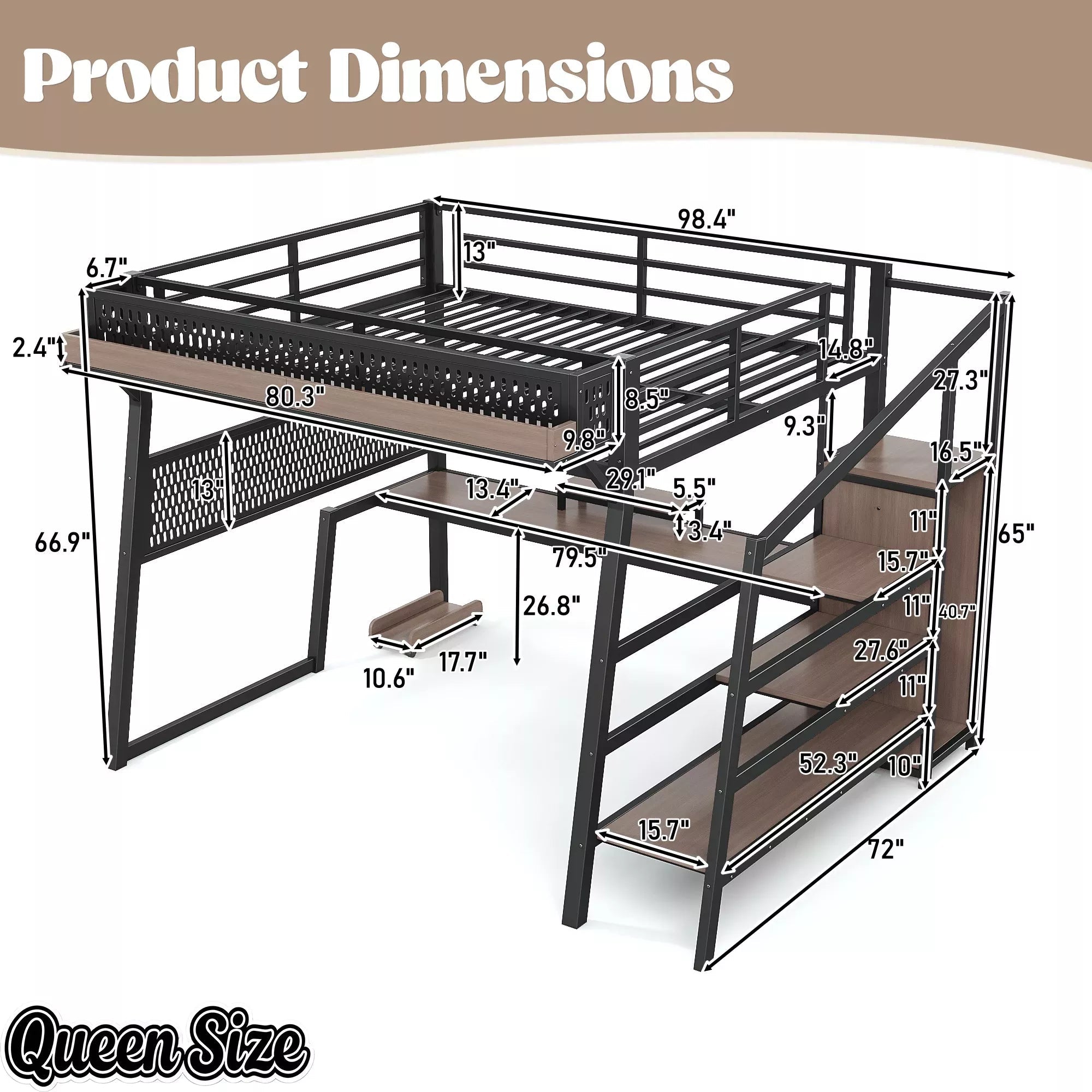 Bellemave® Metal Loft Bed with Storage Stairs, USB Ports, LED Lights, Pegboard & Built-in Wardrobe, Noise-Reduced Design, Black Bellemave®