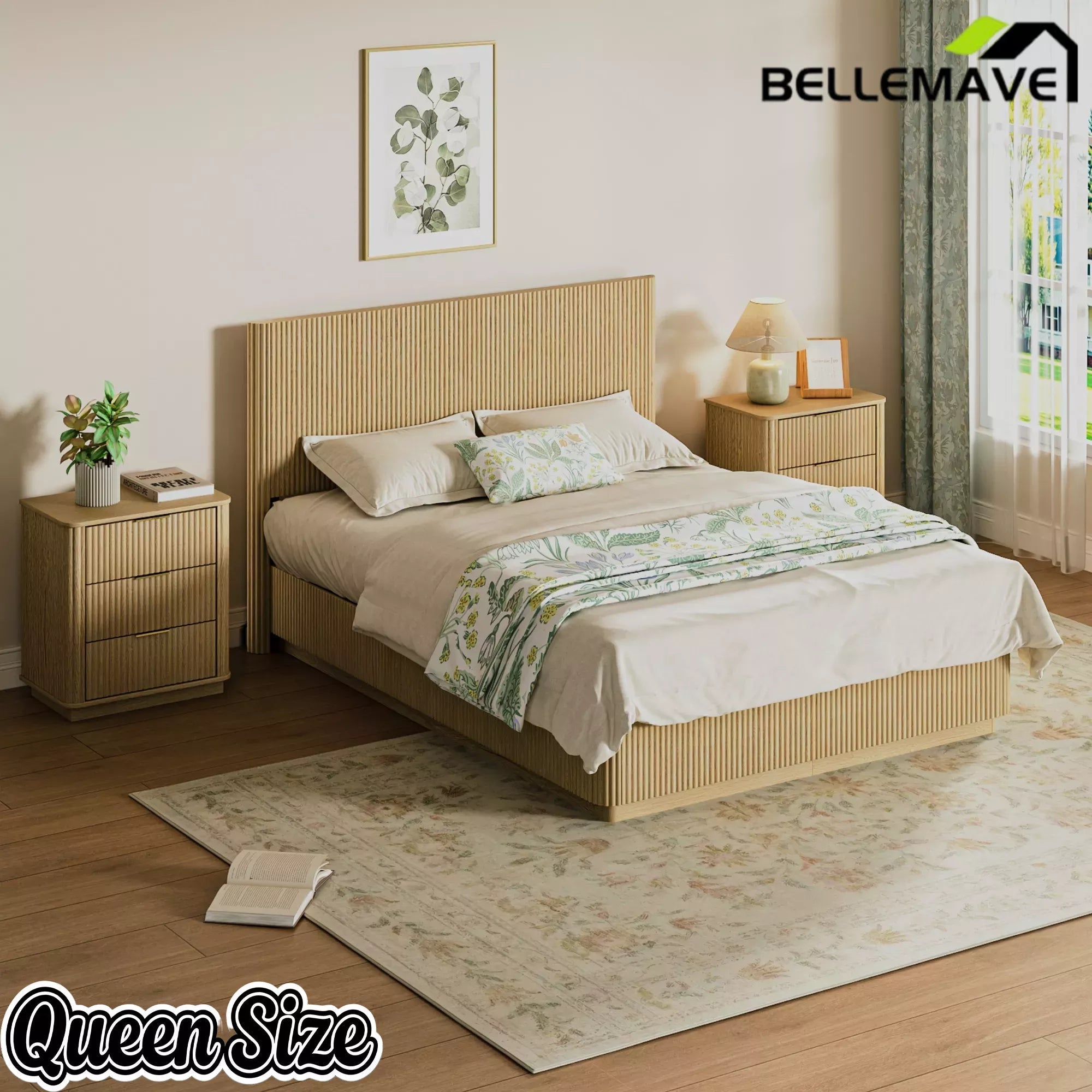 Bellemave® Mid Century Modern Bed Frame, Fluted Platform Bed Frame with Headboard, Wood & Steel Platform Beds with LED Lights, Heavy Metal Frame Support Bellemave®