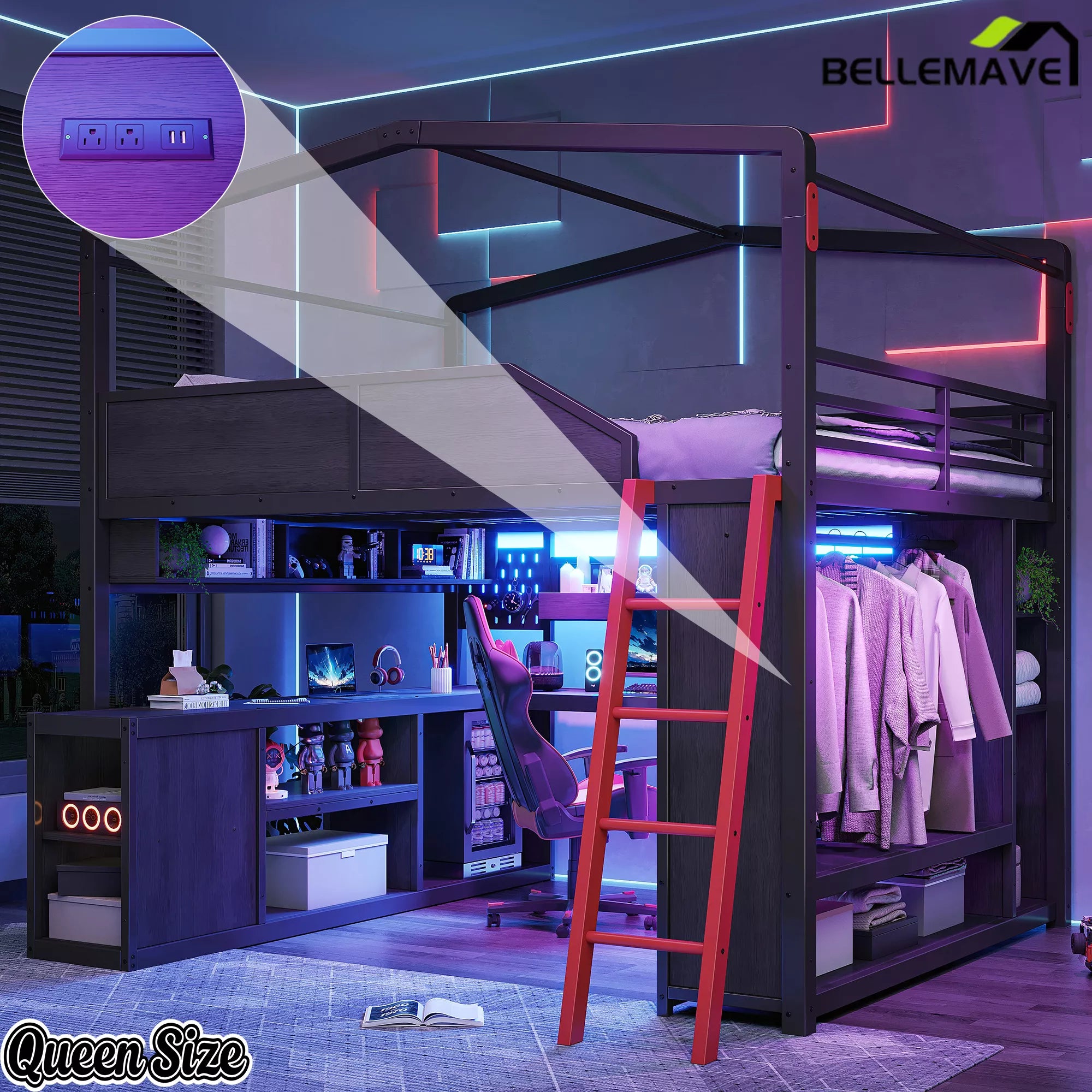 Queen Size Gaming Loft Bed with LED Lights