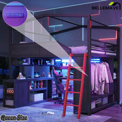 Queen Size Gaming Loft Bed with LED Lights