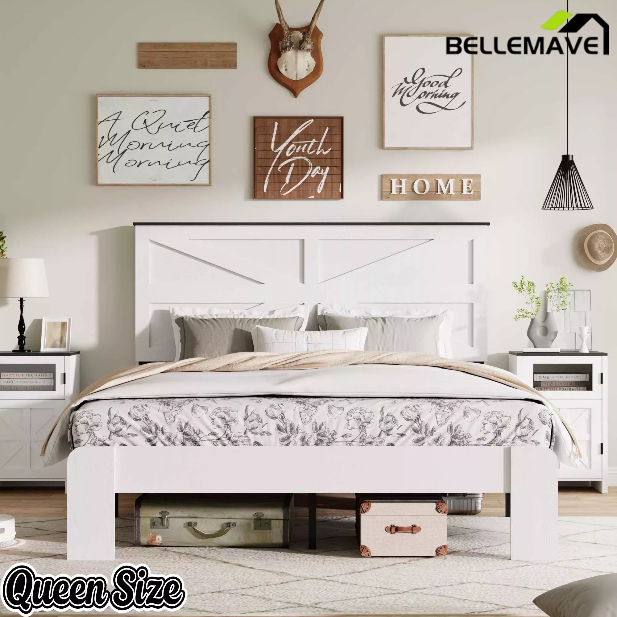 Bellemave® White Solid Wood Platform Bed with Headboard, Footboard & Storage Bellemave®