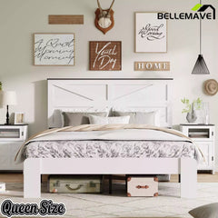 Bellemave® White Solid Wood Platform Bed with Headboard, Footboard & Storage Bellemave®