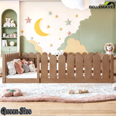 Bellemave® Solid Wood Montessori Floor Bed with Fence Guardrails, Low Profile Kids Floor Bed Frame